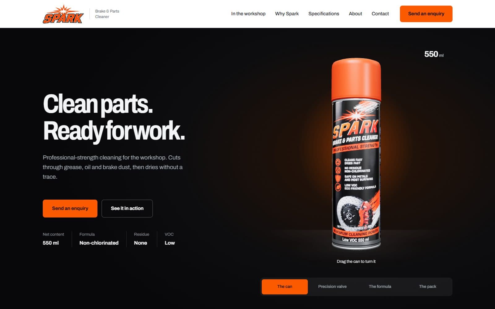 The Spark brake cleaner website hero: a 3D can of Spark Brake & Parts Cleaner on a dark background